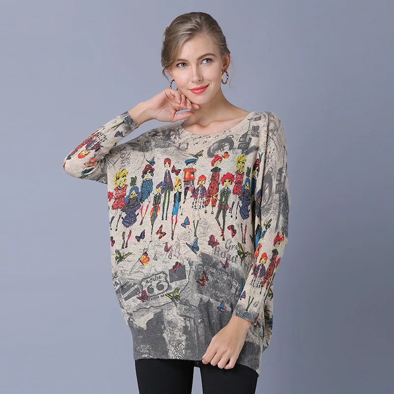

2019 New Fashion Large Size Women's Winter Sweaters Casual Loose Printed Knitted Sweater Long Batwing Sleeve Pullovers 3 Colors