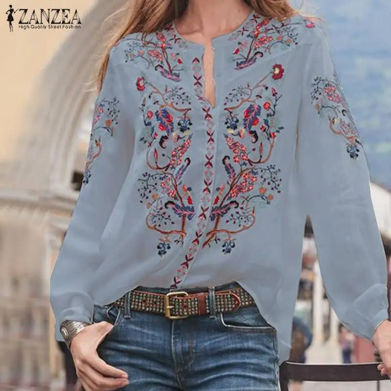 

ZANZEA Plus Size Women Bohemian Shirts Blouses 2019 Autumn Long Sleeve Ladies Tops Tunic Blusas Elegant Chic Work Shirt Chemise