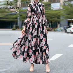 Qian Han Zi дизайнерское модное подиумное длинное платье с длинными рукавами и бантом в винтажном стиле с цветочным принтом, шифоновое пляжное