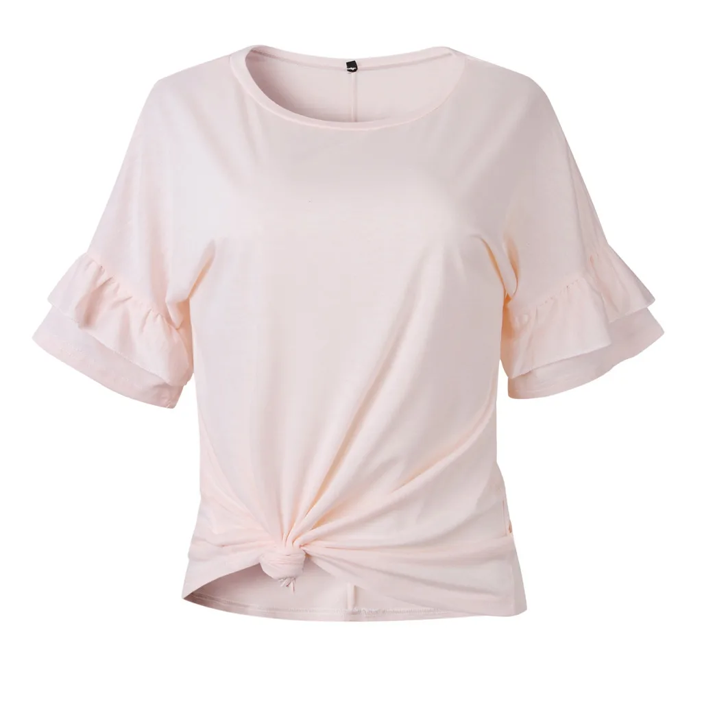 Fashion Women Summer T-Shirt Casual Simple O-Neck Solid Color Ruffles Short Sleeve Vest T-Shirt Cami Top Shirt