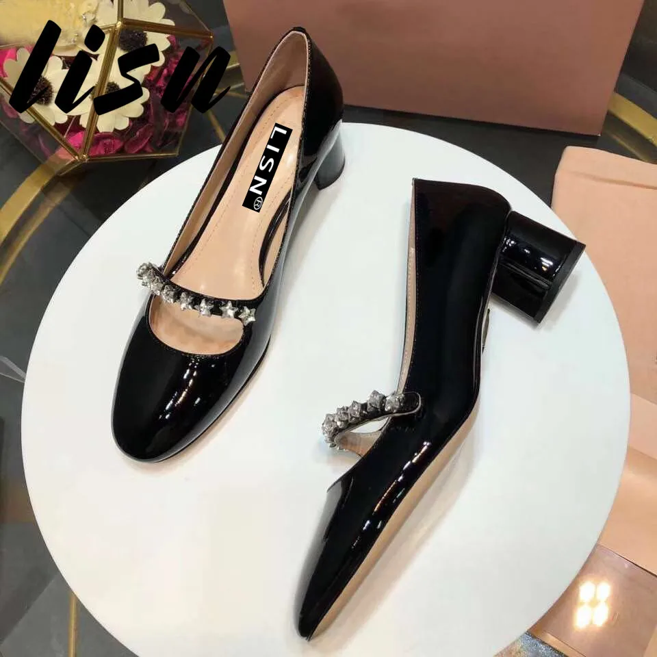 

LISN New Quality Genuine Leather Star Crystal Women Summer Spring Pumps Round Toe Think Heel Mary Janes Sandals Pumps Shoes