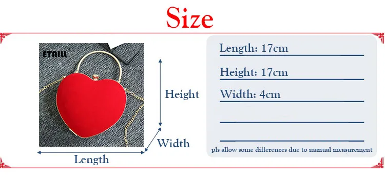 ETAILL в форме сердца красный бархат женские Вечерние Сумка Женская ручка сверху велюр партия клатч модные свадебные цепь сумка