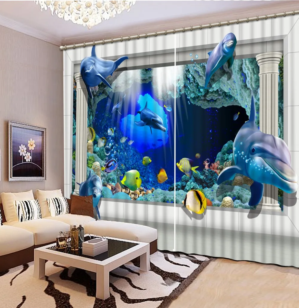 

luxury blackout curtains customize 3d curtains Underwater world dolphin curtains for living room kitchen curtains