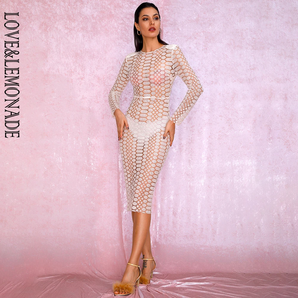 LOVE&LEMONADE Сексуальное бежевое перспективное Сетчатое блестящее клеящееся платье с длинным рукавом LM82018