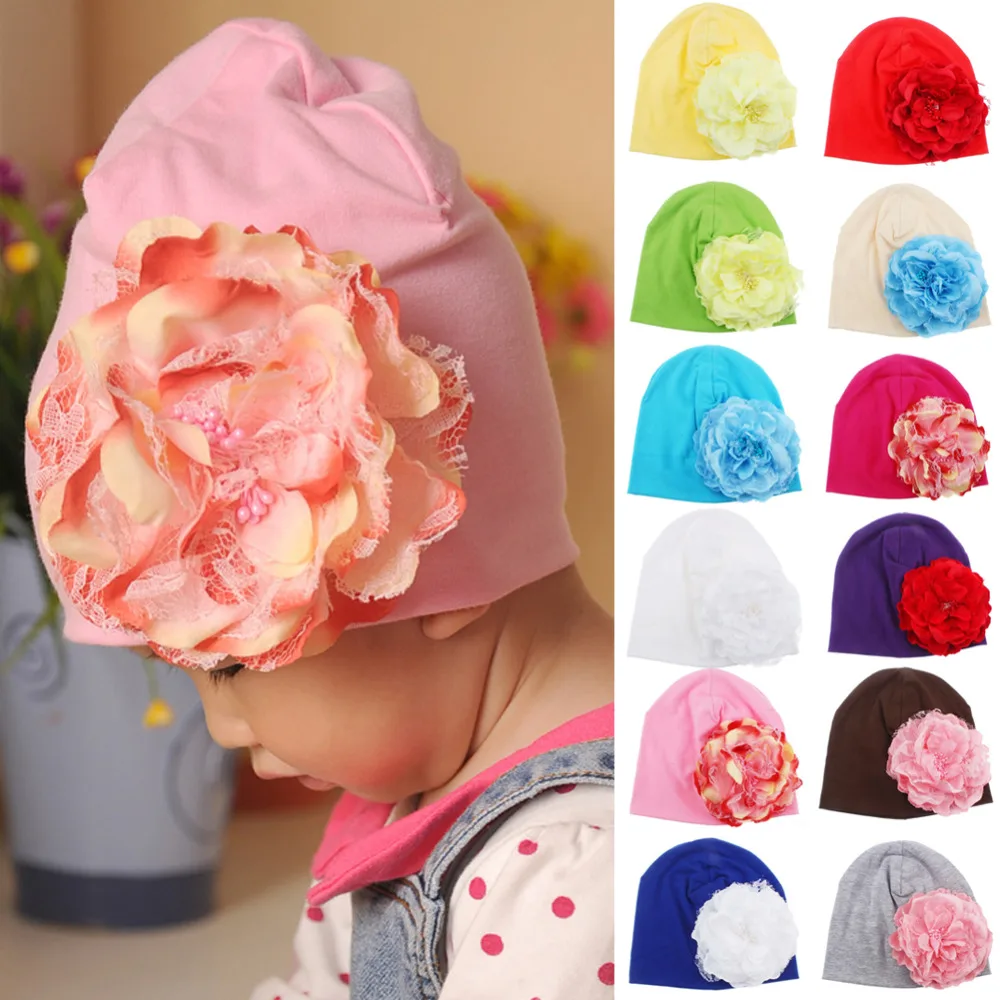 2017 Newborn Baby Flower Hat Girl Cotton Beanie Cap Peony Flower Floral