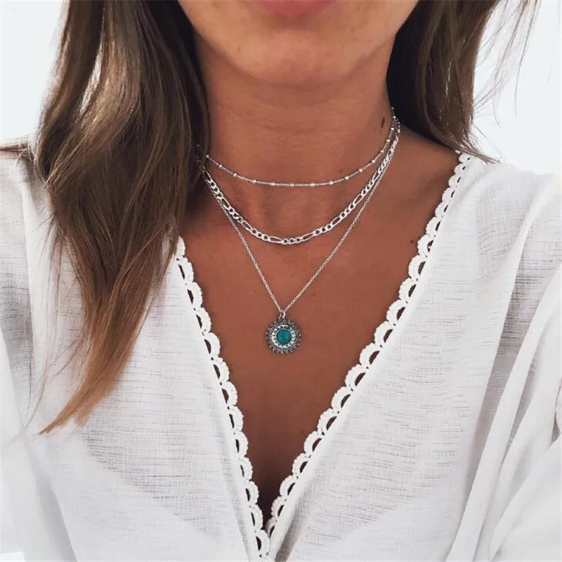 DIEZI Bohemia Multilayer Short Clavicle Chain Necklace For Women Flower Gem Stone Pendant Choker Fashion Jewelry | Украшения и