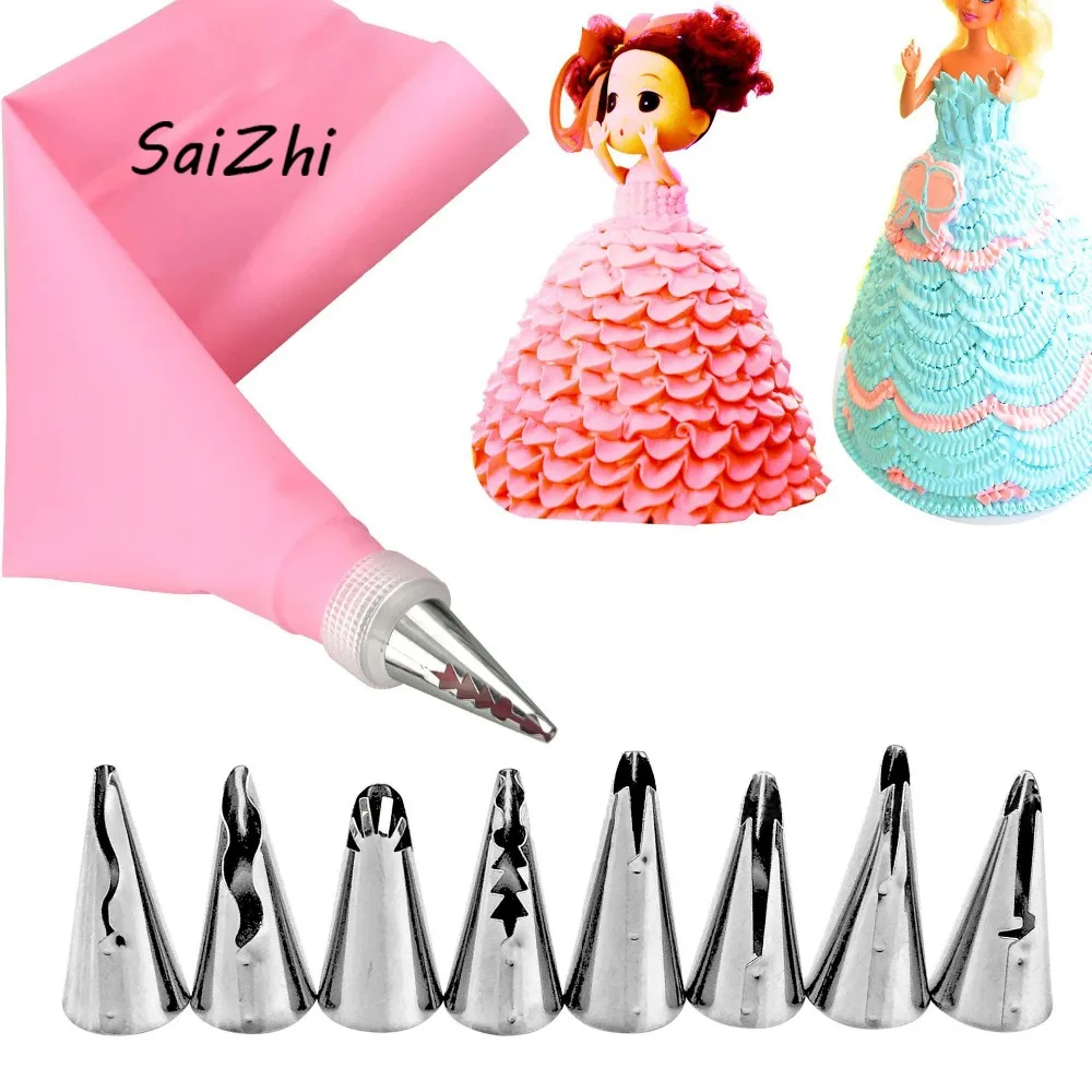 

10PC Stainless Steel Cake Nozzle Piping Tips Pastry Nozzles with Pastry Bag Doll Skirt Dress Wedding Cake Decoration Tools 5689