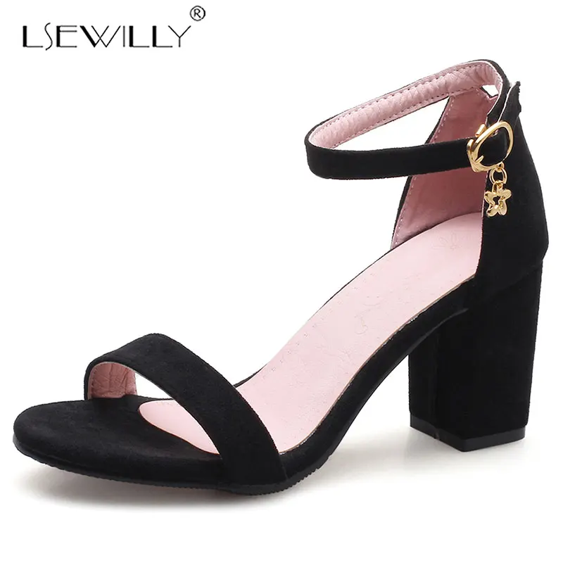 

Lsewilly 2019 new fashion summer flock women sandals thick high heels shoes buckle strap comfortable simple shoes woman E955