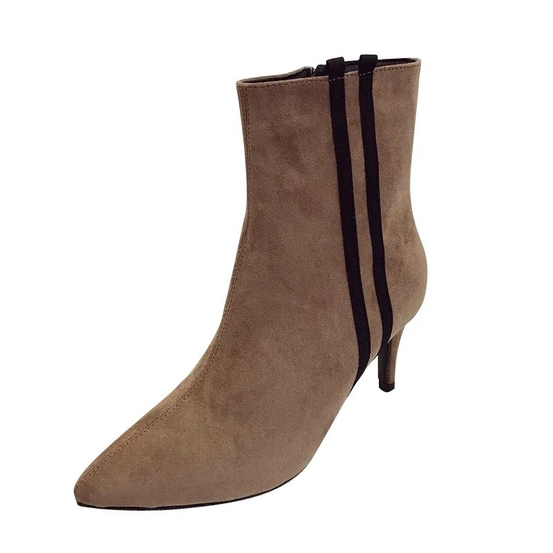 

2018 winter new suede plus velvet thickened pointed boots with stiletto women's boots brwon 0110