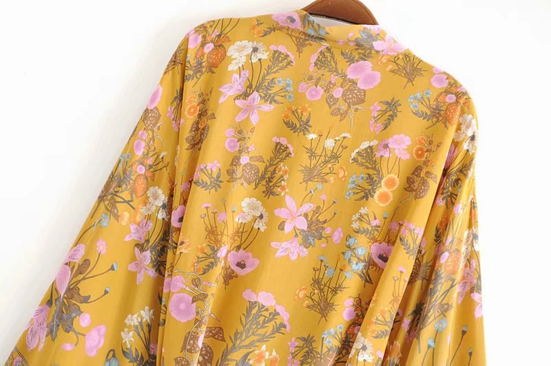 Vintage chic women floral print sashes bat sleeve beach Bohemian kimono dresses Ladies V neck Tassel Summer Boho dress vestidos