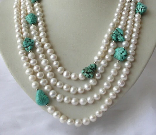 

RHJ00129 4rows 6-7mm round white freshwater pearl blue turquoise necklace (A0326)