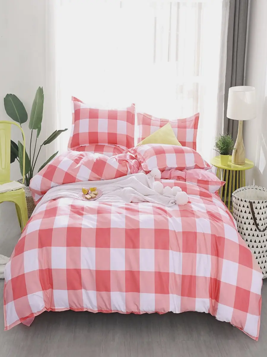 

4Pcs Bedlinen Set Cute Pink Grid Pattern Bedsheet Set