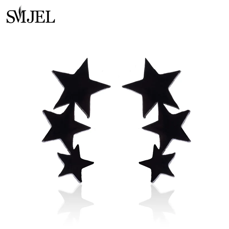 Женские серьги гвоздики SMJEL новые черные из нержавеющей стали с 3 звездами в стиле