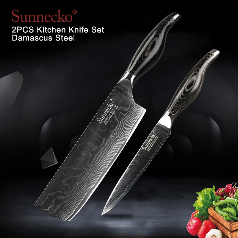 

SUNNECKO 2PCS Kitchen Knives Set Damascus Chef Utility Knife Japanese VG10 Steel Blade Pakka Wood Handle Santoku Paring Knives