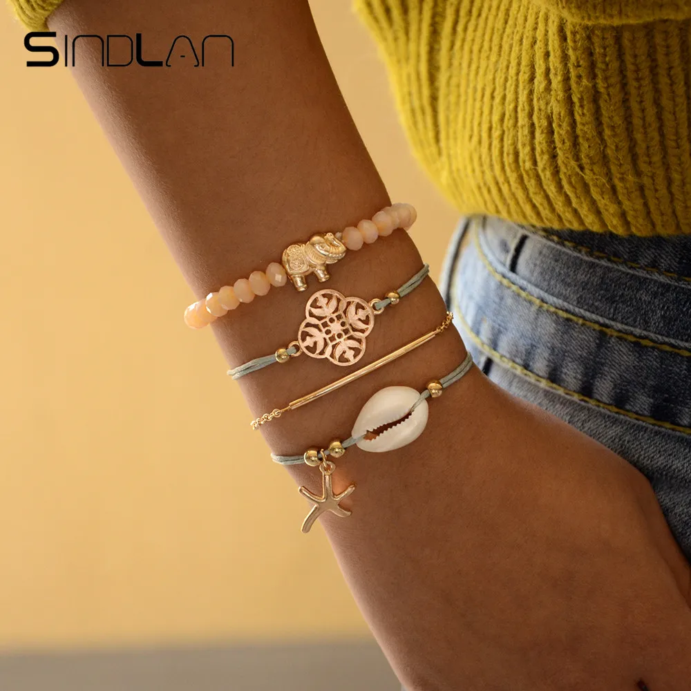 

Sindlan 4PCs Bohemia Elephant Shell Natural Bracelet Set Gold Flower Starfish Charm Bangles Bracelets for Women Wrist Jewelry
