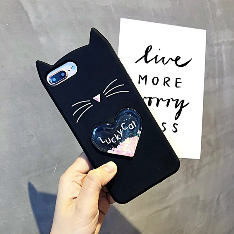 Liquid love heart quicksand 3D Cartoon Smile Lucky Black Cat Case for iphone 7 (1)