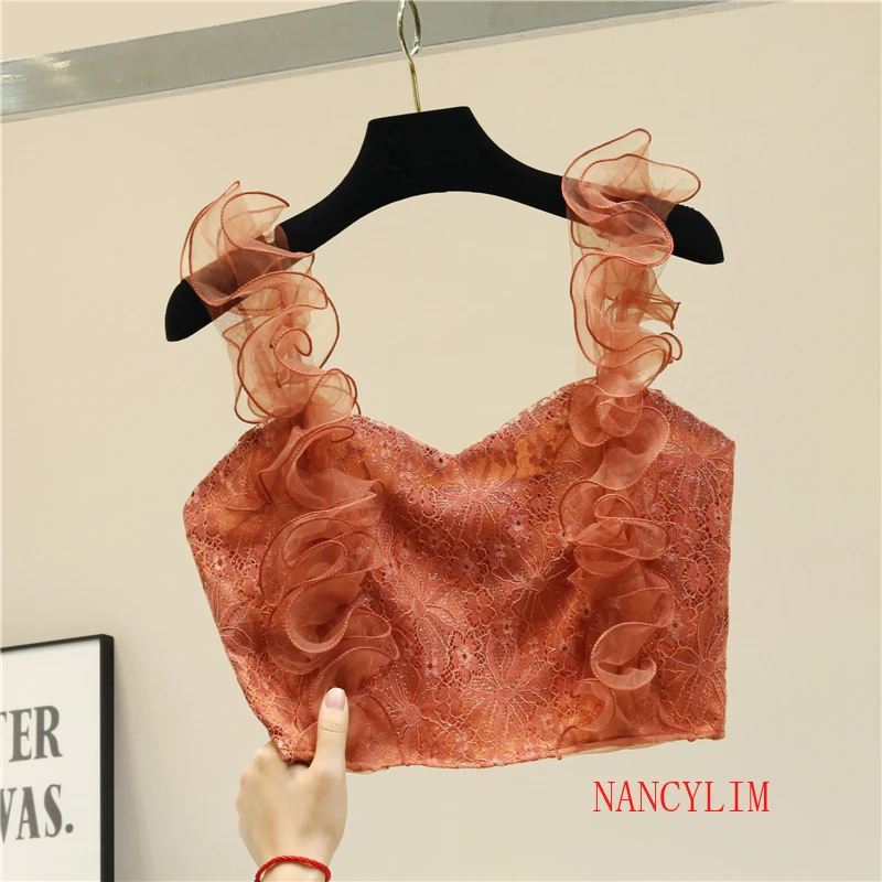 

Short Sexy Lace with Suspender Waistcoat Outward Woman Elegant Crop Top Students Lotus Leaf Edeg Meah Spliced Camisole Tanks