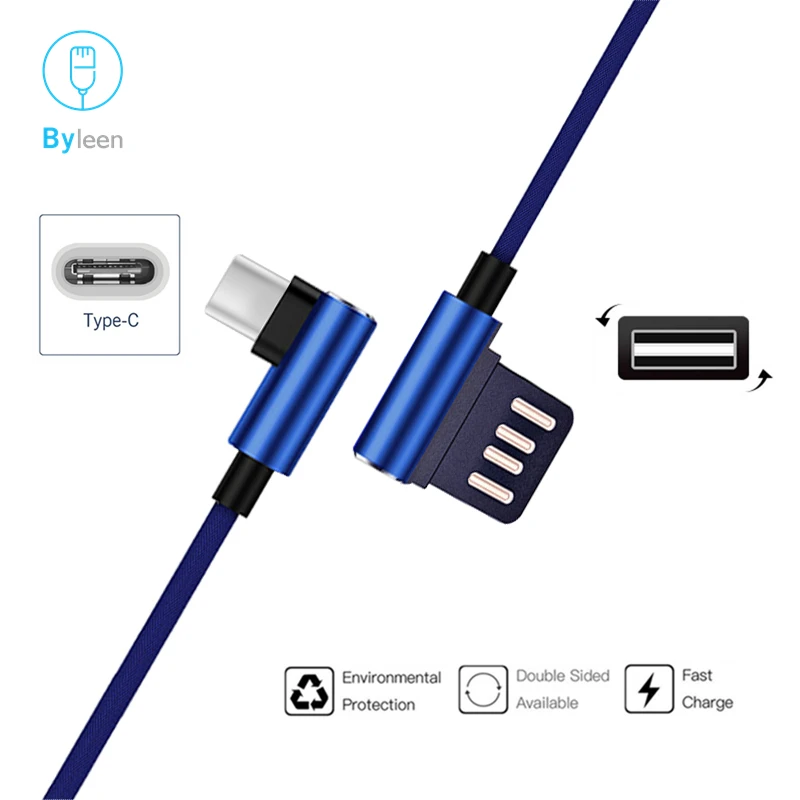 Byleen USB C линия 3 1 Быстрая зарядка 90 градусов L Тип шнур для передачи данных зарядное