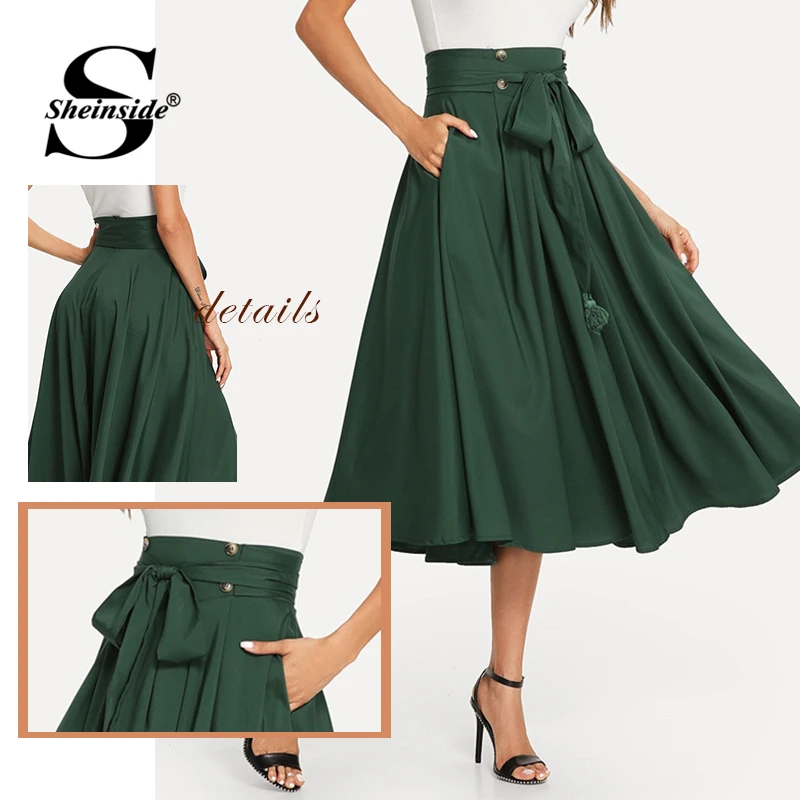 Sheinside зеленая элегантная юбка миди с пуговицами для женщин Весенняя юбка с бахромой на шнуровке с высокой талией Женская однотонная Расклешенная юбка