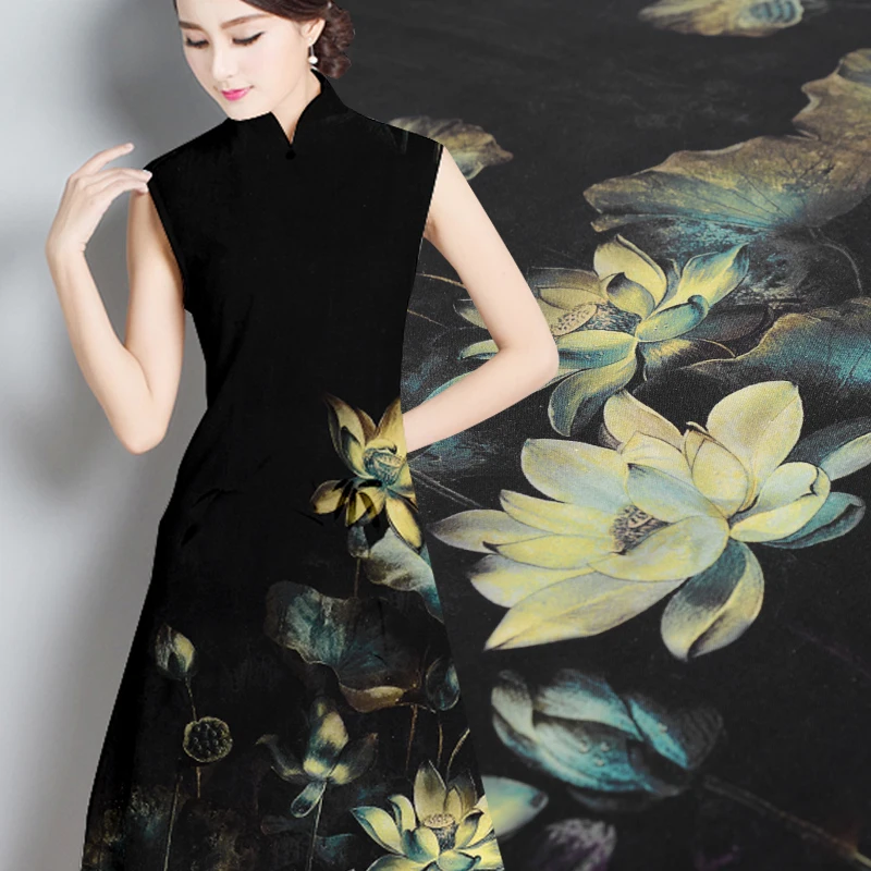 

118*130cm/pcs 35M/M fashion lotus digital painting mulberry silk natural linen fabric for dress tissu au metre bright cloth DIY