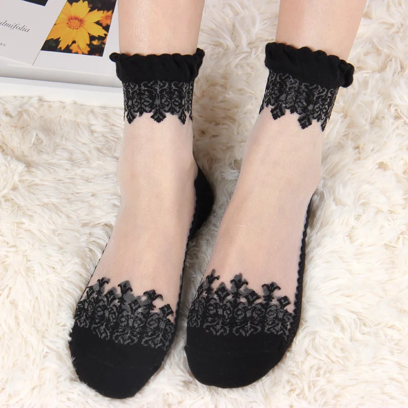 

2017 new summer glass casual crystal Sweet crystal glass transparent silk lace socks women