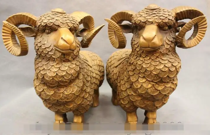 

S01415 14" Chinese Bronze Folk Wealth Coin Bleat Sheep Goat Statue Sculpture Pair B0403