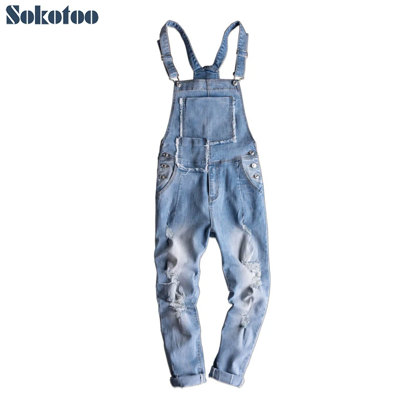 Sokotoo Men's fringe pocket holes ripped light blue denim bib overalls