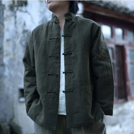 Новинка осени, мужское хлопковое льняное пальто в китайском стиле, свободное кимоно, кардиган, мужская однотонная льняная верхняя одежда, куртка, пальто, M-5XL - Цвет: Армейский зеленый
