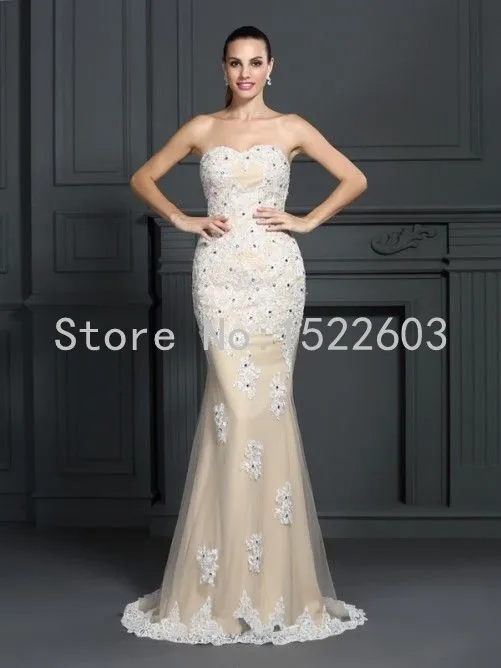 Custom Made 2015 Hot Sale Cheap Beige Sleeveless Chiffon Sweetheart Count Train Applique Lace Mermaid Prom Evening Dresses T2317 | Свадьбы и