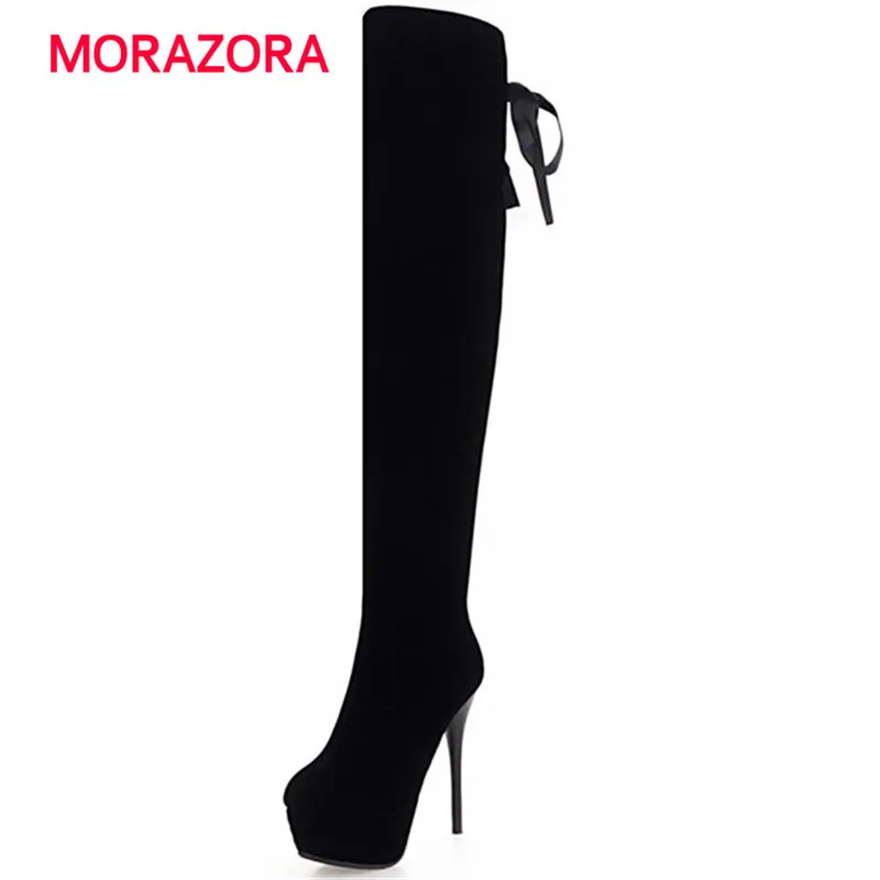 

MORAZORA big size cross tied zip over the knee boots autumn winter short plush women boots sexy super high heel platform boots