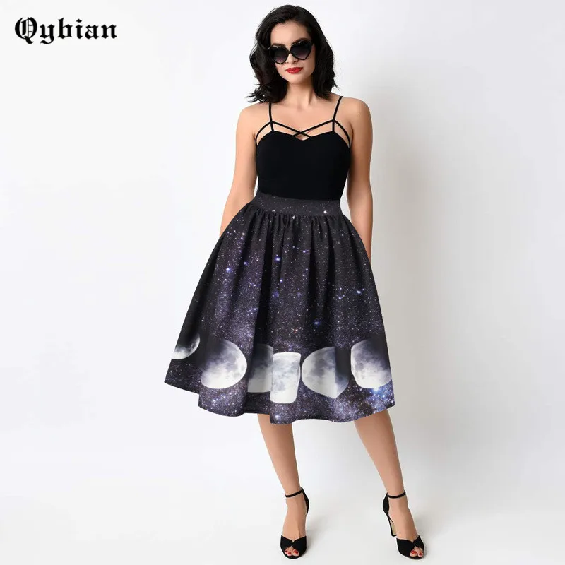 

Qybian American Style Lady Pleated Skirts women High Waist ball gown skirt Star Moon Print female Fashion skirts women
