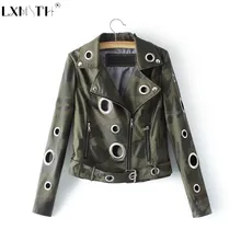 Камуфляжный Искусственная кожа пальто металлическое кольцо выдалбливают куртка из искусственной кожи Для женщин ремень Мото-куртки дамы Turn Подпушка воротник