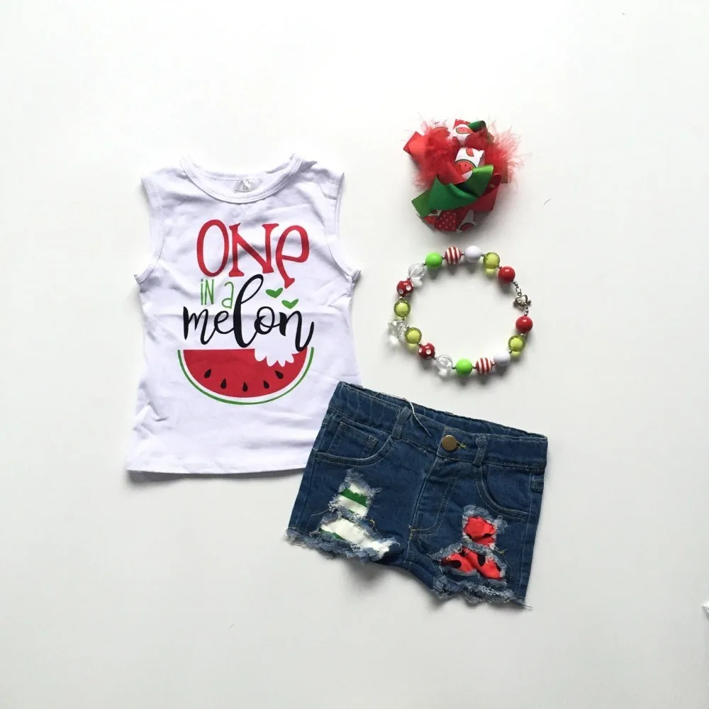 Melon Denim Jeans Shorts 1-6T Toddler Baby Little Girls Summer Outfits Sets Watermelon Sleeveless Vest Tops