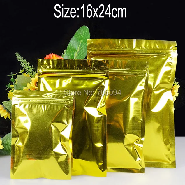 200 шт. 16*24 см(6.3 ''* 9.45'') блестящие золотистые ziplock aluminuming Пластик Закрывающимися Мешок Self-seal золото Пластик мешок для чая подарки