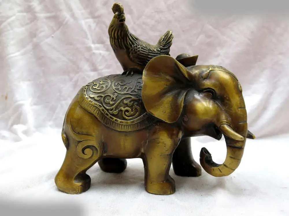 

DS Brass sculpture China copper Feng Shui lucky Yuan bao elephant rooster Statue
