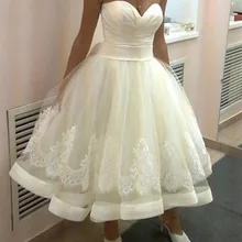 Vestido De Noiva Белый Милая шеи без рукавов трапециевидной формы Короткие свадебное платье с вырезом на спине Чай-Длина свадебное платье халат де mariée