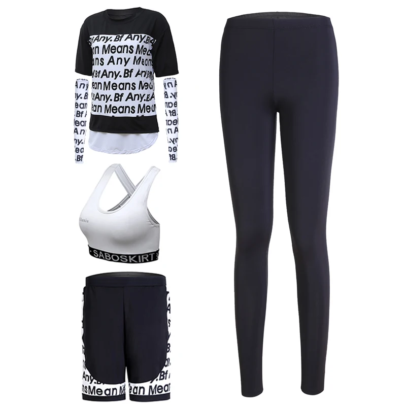 

Fitness Women 5 in 1 Yoga Set Yoga Bra & Yoga Pants & Letter Patchwork T-Shirts Gym Clothes Sport Wear Running Outdoor Jogging