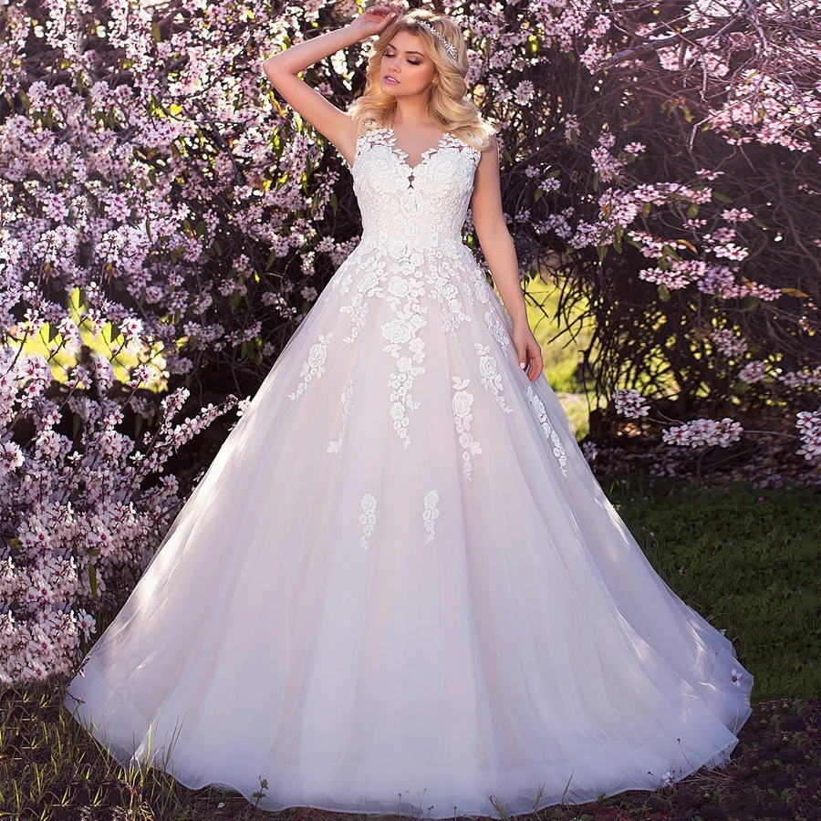 

Pink Sleeveless Mermaid Wedding Dress V Neck Lace Applique Ball Gown Bridal Gowns Wedding Dresses Vestido De Novia