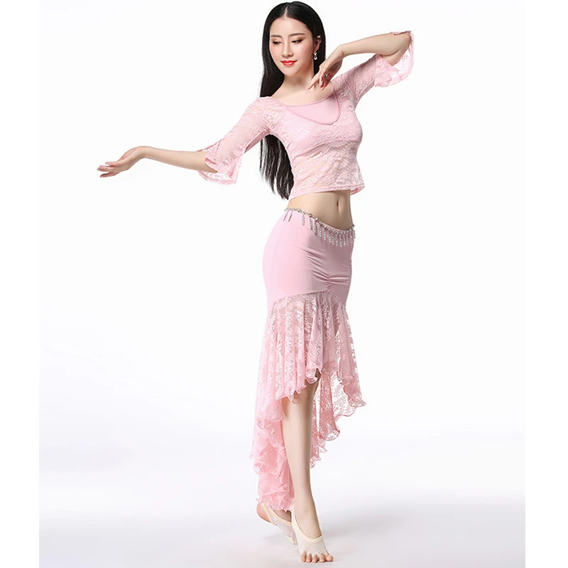 

Women Belly Dancing Clothes Floral high elasticity sexy Lace Top and Skirt Flare Sleeves Belly dance for Girls