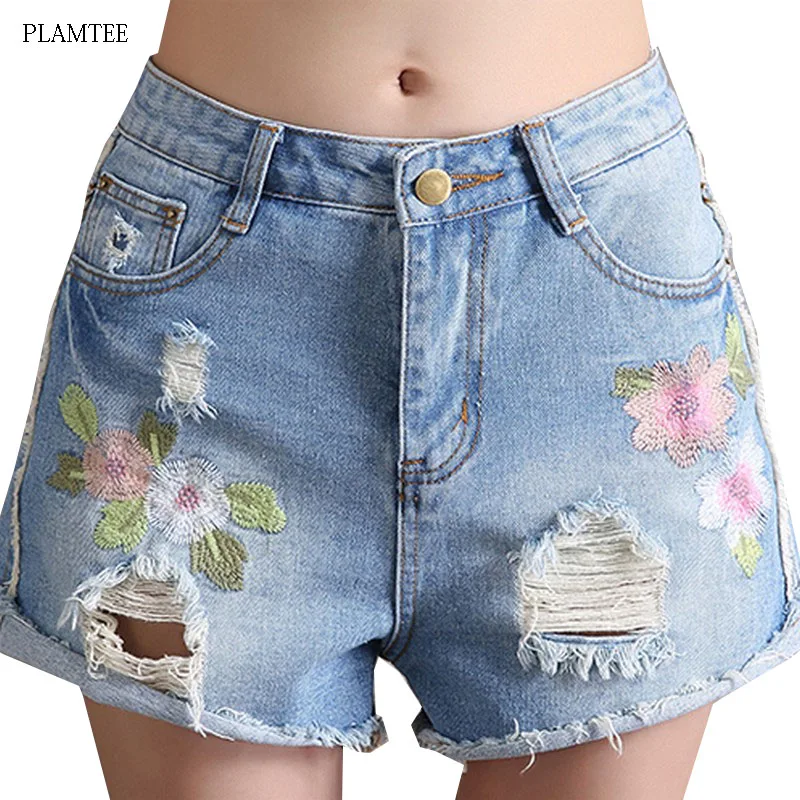 Summer Denim Shorts Women Vintage Embroidery Flowers Short Femme 2017 Harajuku Casual Shorts