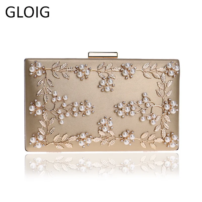

Fashion New Women Evening Clutch Bags PU Chain Shoulder Handbags Leaf Metal Beaded Evening Purse Messenger Bags