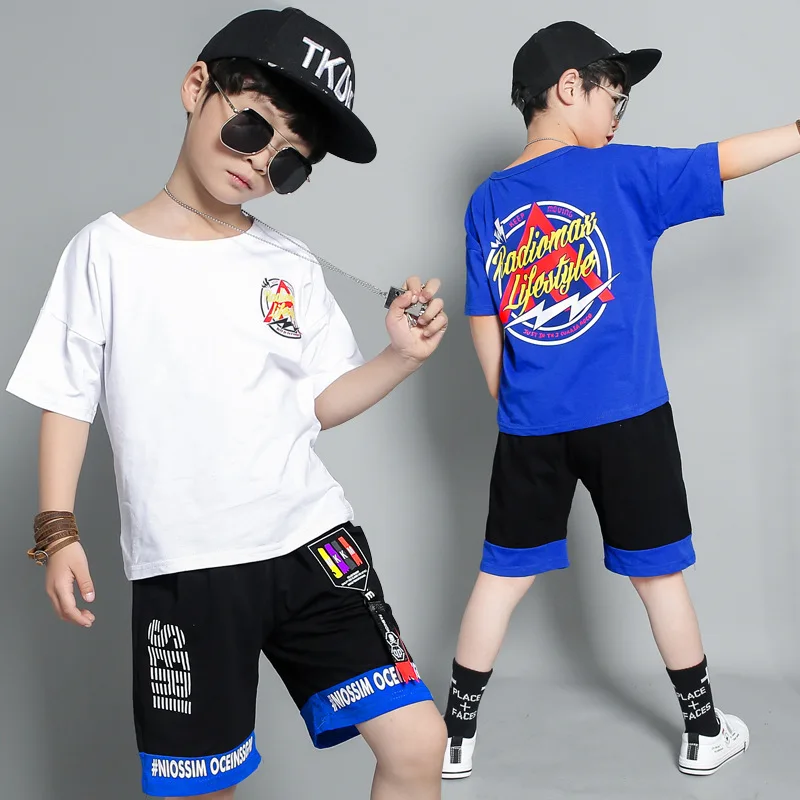 

Boys summer suit cotton short-sleeved round neck printed art letter T-shirt elastic belt sports shorts fashion cool sports suit