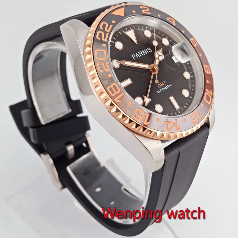 Новое поступление 40 мм parnis черный циферблат Золотой GMT керамический ободок сапфировое стекло автоматический резиновый ремешок мужские часы W2703
