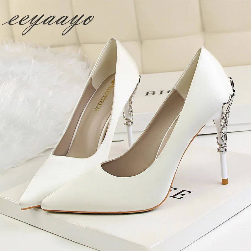2019 New Spring/Autumn Women Pumps High Thin Heel Metal Pointed Toe Sexy Ladies Bridal Wedding Women Shoes White High Heels