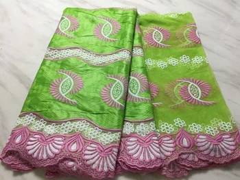 

5 Yards+2 Yards India Bazin Riche Getzner Lace Fabric 2018 With Blouse Beaded Gold Line Green Embroidered Lace Basin Fabric