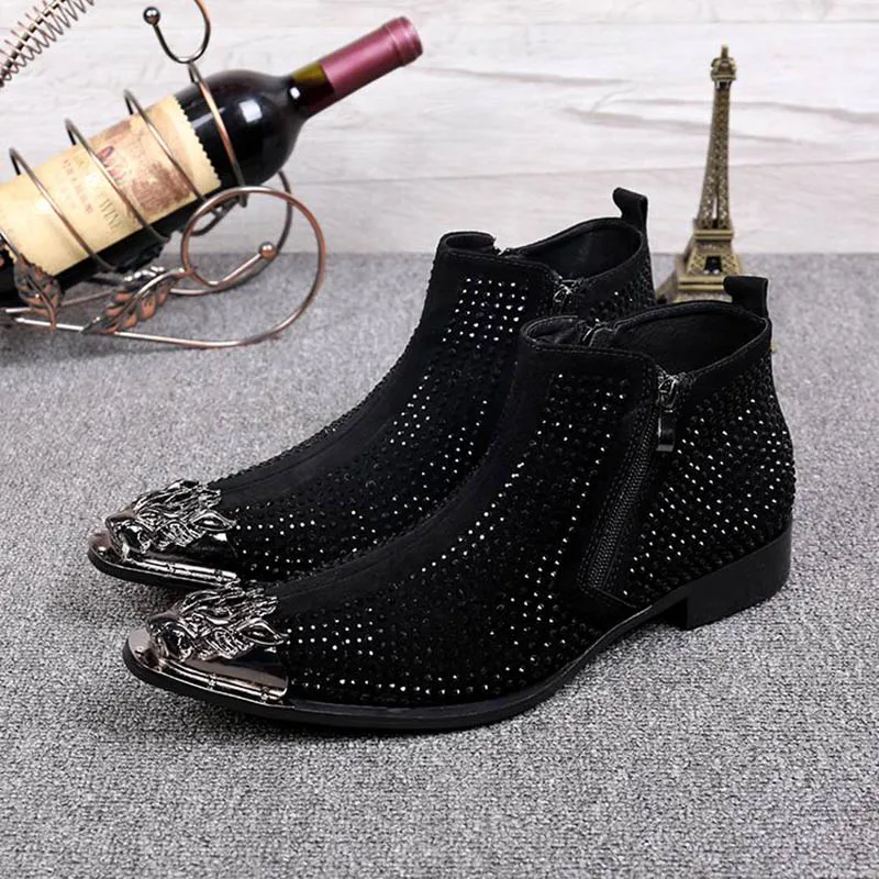 Apontado Camurça Dos Designer Sapatos Batzuzhi Dedo Strass bota Zip Alta Homens Moda Metal Ankle Preto vermelho Boot De Couro Preto Luxo Vermelho Vermelha 4t4f7q6wx