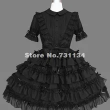 Черный Многослойные Кружево хлопок Рубашка с короткими рукавами Готическая Лолита платье для
