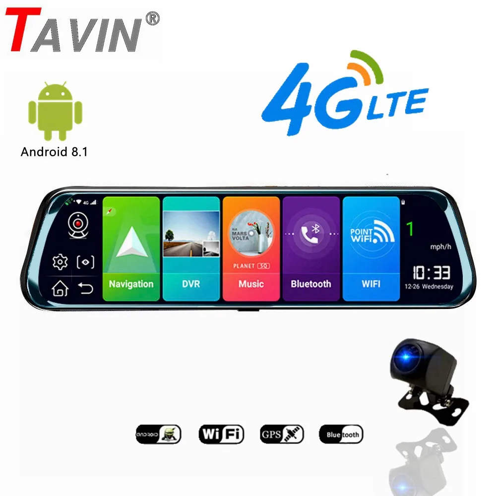 Автомобильный видеорегистратор TAVIN 4G 10 дюймов Android 8 1 поток медиа зеркало заднего