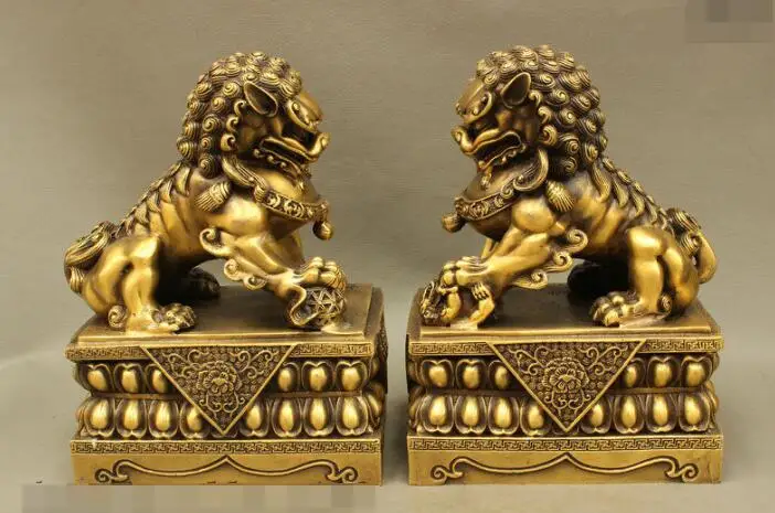 

S03870 10" FengShui Chinese Pure Bronze Guardian Door Foo Fu Dog Lion Ball Statue Pair B0403
