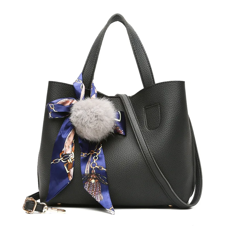 

Litchi pattern pure color single shoulder bag 2017 new suit bucket bag Korean version Baitao women bag silk towel Ball Pendant
